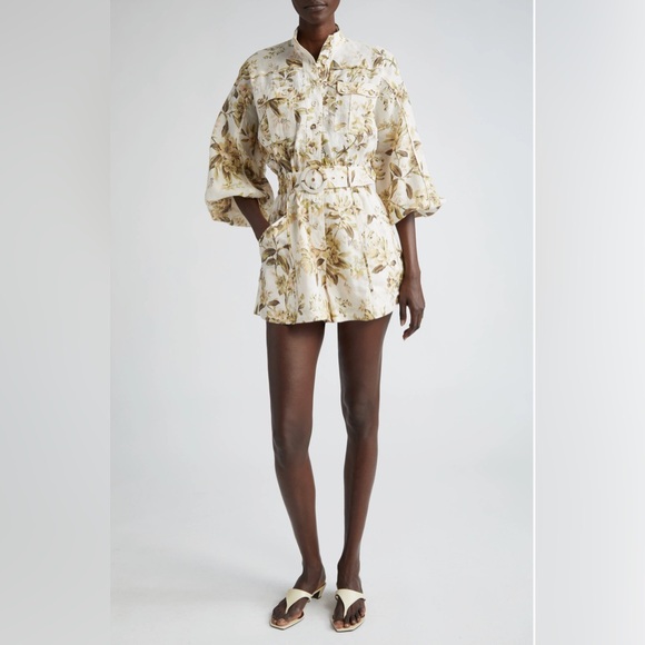 Zimmermann Golden Floral Print Belted Long Sleeve Linen Romper Size 4 - Picture 1 of 11